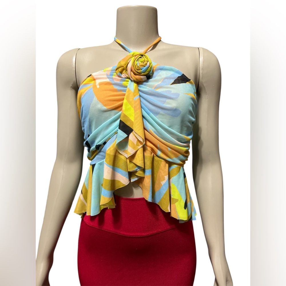 NWT AFRM Size L Bird Of Paradise Halter Top Peplum Ruched Sides Draped Rosette